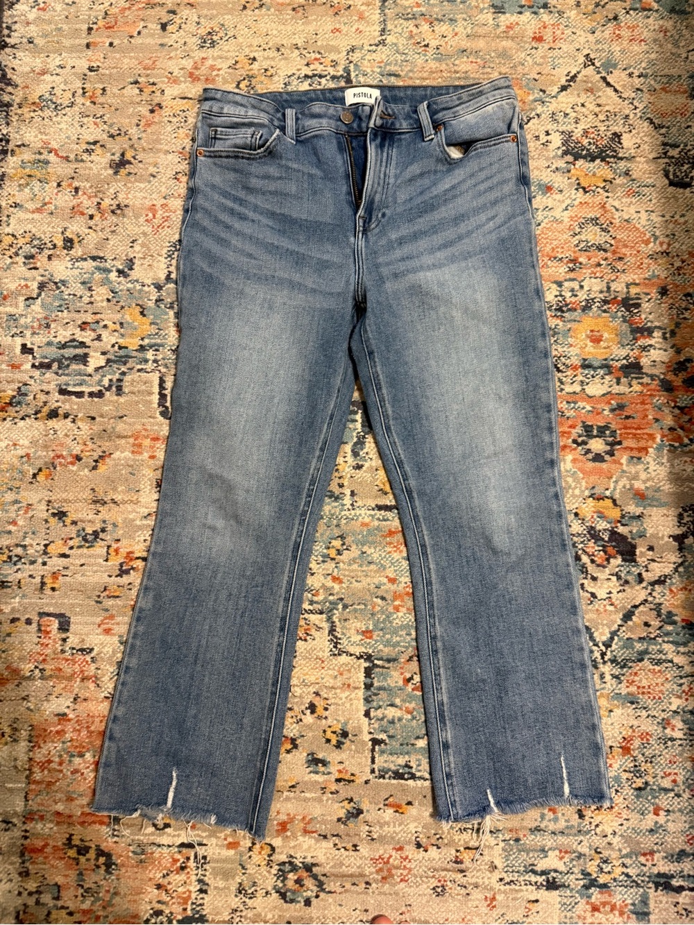 pistola Medium Blue Straight Crop Jeans with Raw Hem